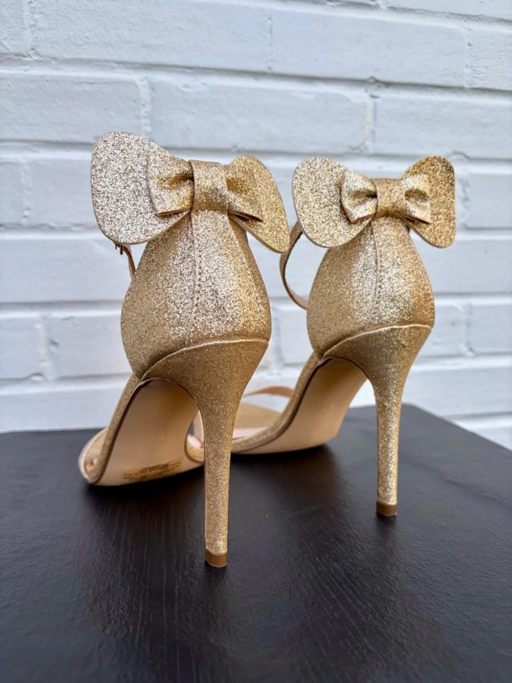 Primark x Disney Minnie Mouse Gold Glitter Bow Ankle-Strap Stiletto Heels, SZ 10
